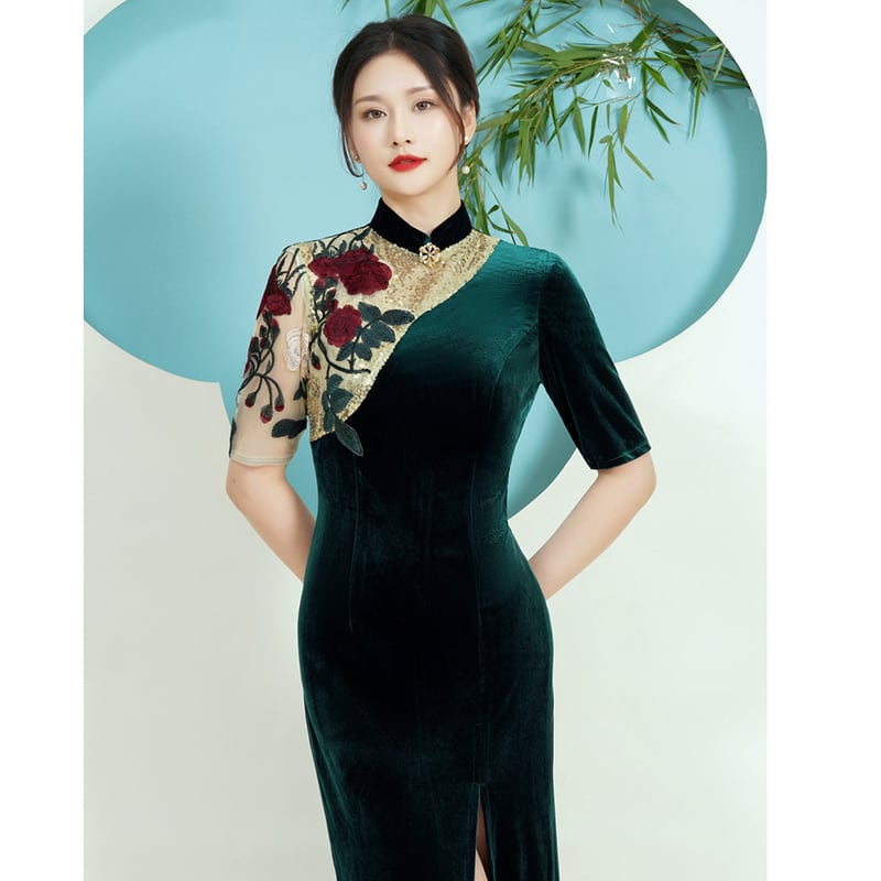 [Encounter dress series] ★Cheongsam dress★ Velvet embroidery Improves temperament Maxi length Large size Green Green