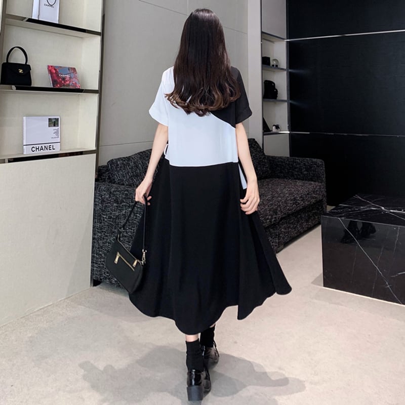 [PANGSAO series]★Shirt dress★ Long length irregular color scheme commuting date office lady large size black black