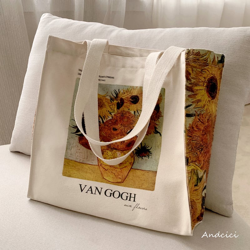 [Andcici Series] ★Bag★ Large capacity oil painting style sunflower sunflower beige commuting casual date yellow yellow