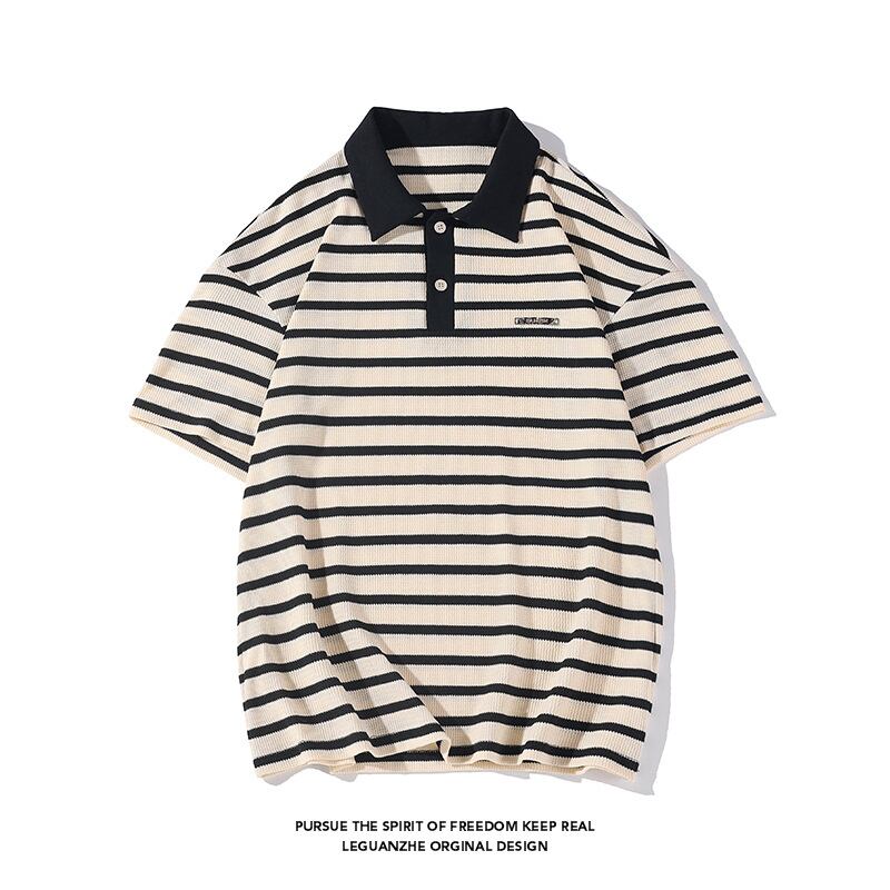 [BIGEMAN Series]★Polo shirt★ Tops 2color Unisex Men's Large size Striped pattern Horizontal stripes