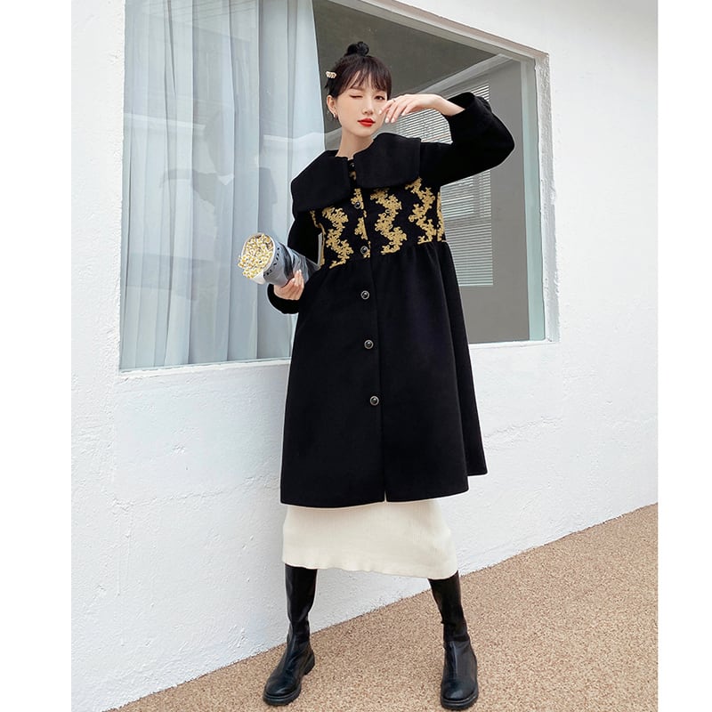 [First look series] ★China style coat★ Long coat outerwear coat cute black gold black SML