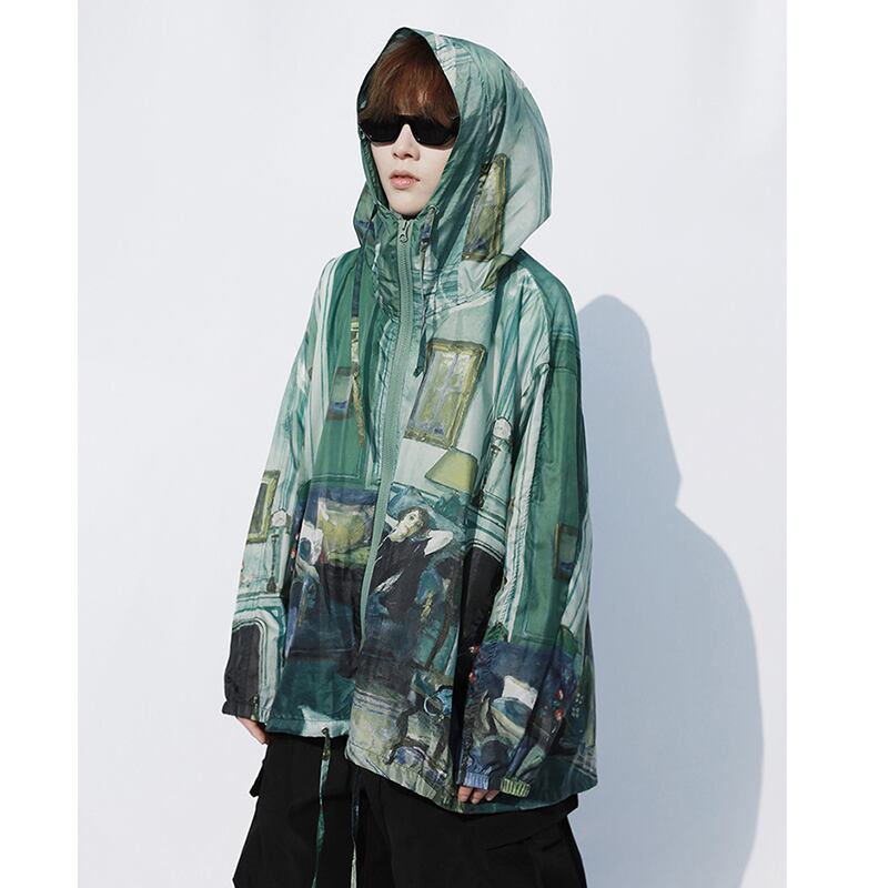 [SIN87 Series] ★UV protection★ UPF50+ Oil painting style Sun protection Cooling protection Thin outerwear Loose green Unisex Men's