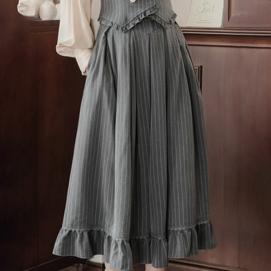 [Minami no Mori Series] ★Skirt★ Bottoms Improves temperament Cute Gray Gray SML XL Vertical stripes Ladies