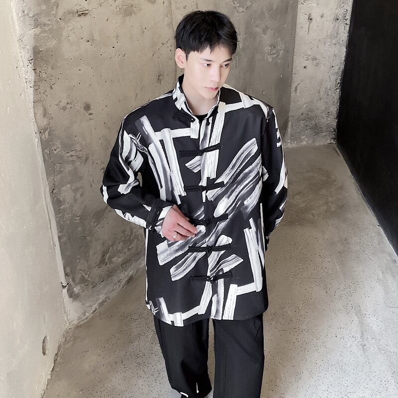 [Illustrated series] ★Chinese style shirt★ Tops Black Black Chinese clothes Easy to match ML XL Casual