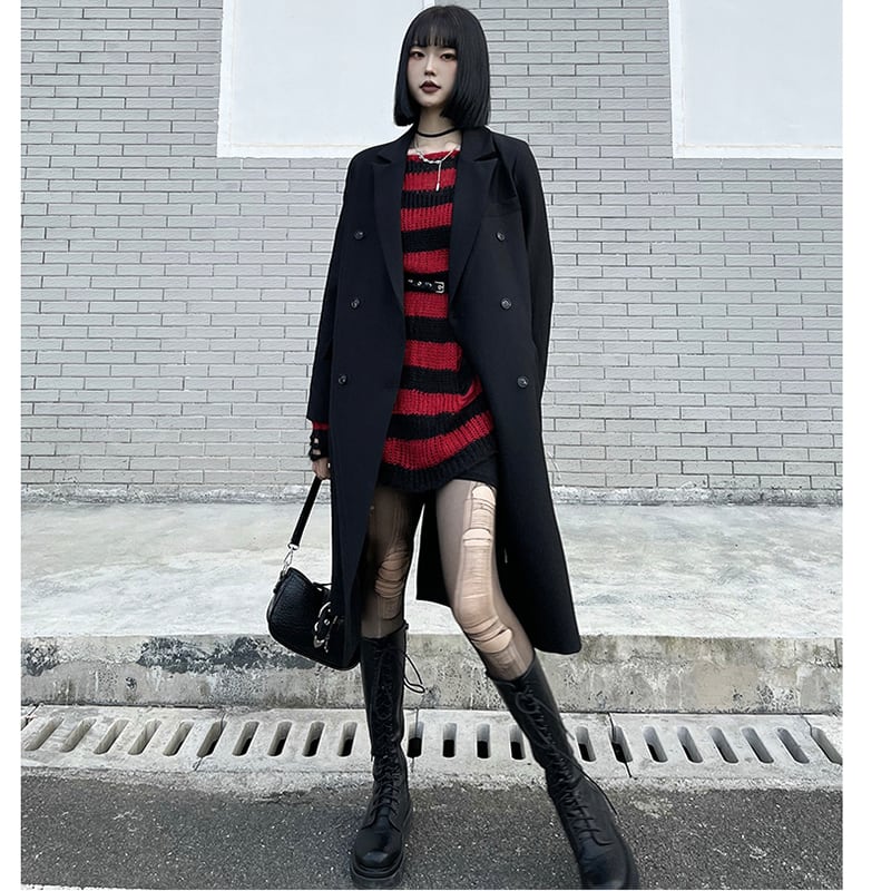 [LadyGhost Series]★Sweater★ 2color Tops Horizontal stripes Striped pattern Distressed Red Black Red Black