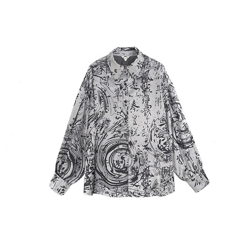 [Big Blue Dragon Series] ★China style shirt★ Tops Satin original letter pattern Easy to match long sleeve shirt