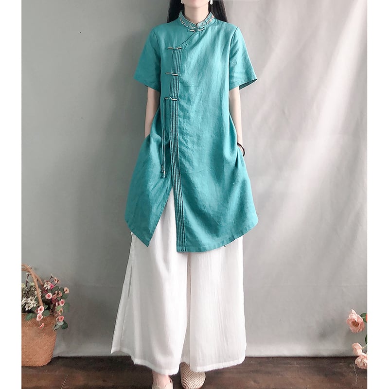 [Kofuku Series]★China style shirt★ 4color long shirt ethnic style blue white pink yellow