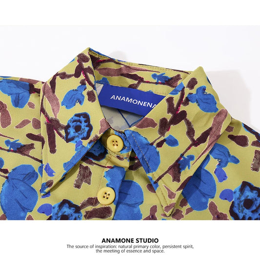 [ANAMONE STUDIO Series]★Shirt★ Tops Floral Print Retro SML Short Length Summer Clothes Blue Yellow