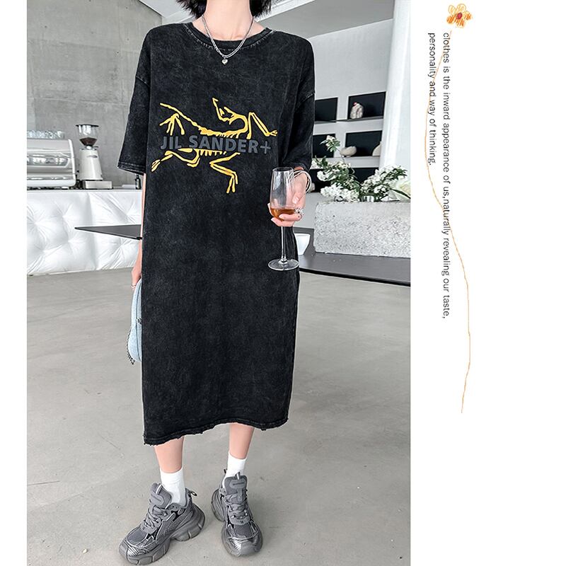 [YIDAO Series] ★T-shirt dress★ Print retro loose casual summer clothes black black