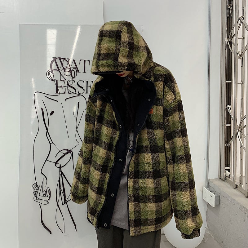 [Style Series]★Outerwear★ Jacket, Unisex, Men's, Can be worn on both sides, Plaid pattern, Hood, Loose, ML, XL