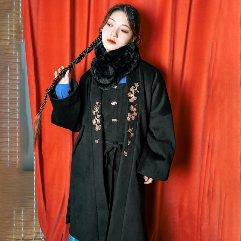 [Kokaisha --- Leaf Series] ★China style coat★ 2color embroidery outerwear long length Hanfu coat black gray