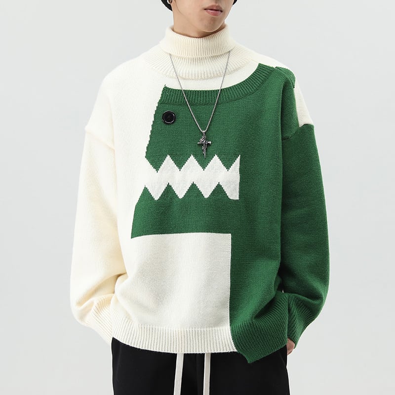 [CHAOJIEQU Series]★Sweater★ 3color Unisex Men's Dinosaur Animal Color Scheme High Neck Black Green Pink ML XL 2XL