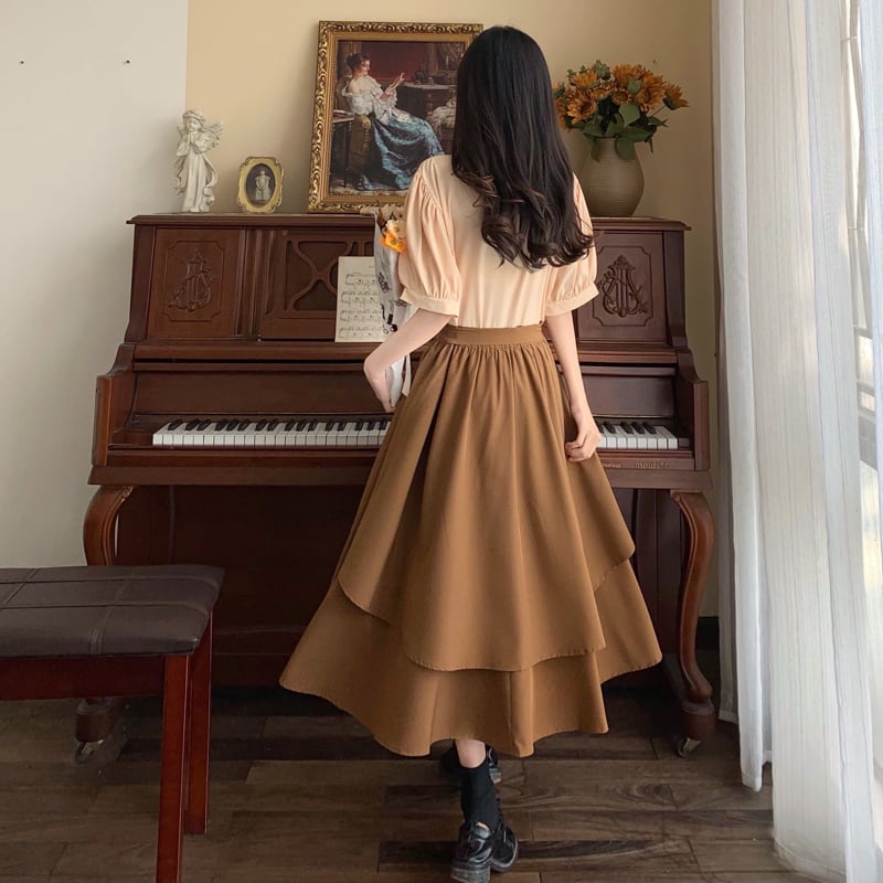 [Dong Xiaojie Series] ★Dress★ Large Size Faux Layered Ribbon Switching Short Sleeve Brown