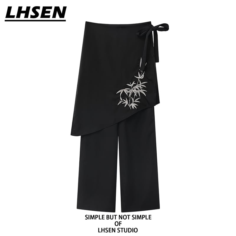 [LHSEN Series]★China style trousers★Bottoms Designed Bamboo Easy to match Black Black