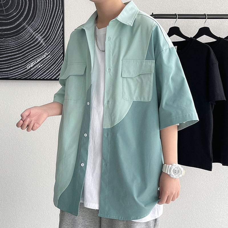 [BIGEMAN Series]★Shirt★ Tops 2color Unisex Men's Large Size Color Scheme Short Sleeve Shirt White Green