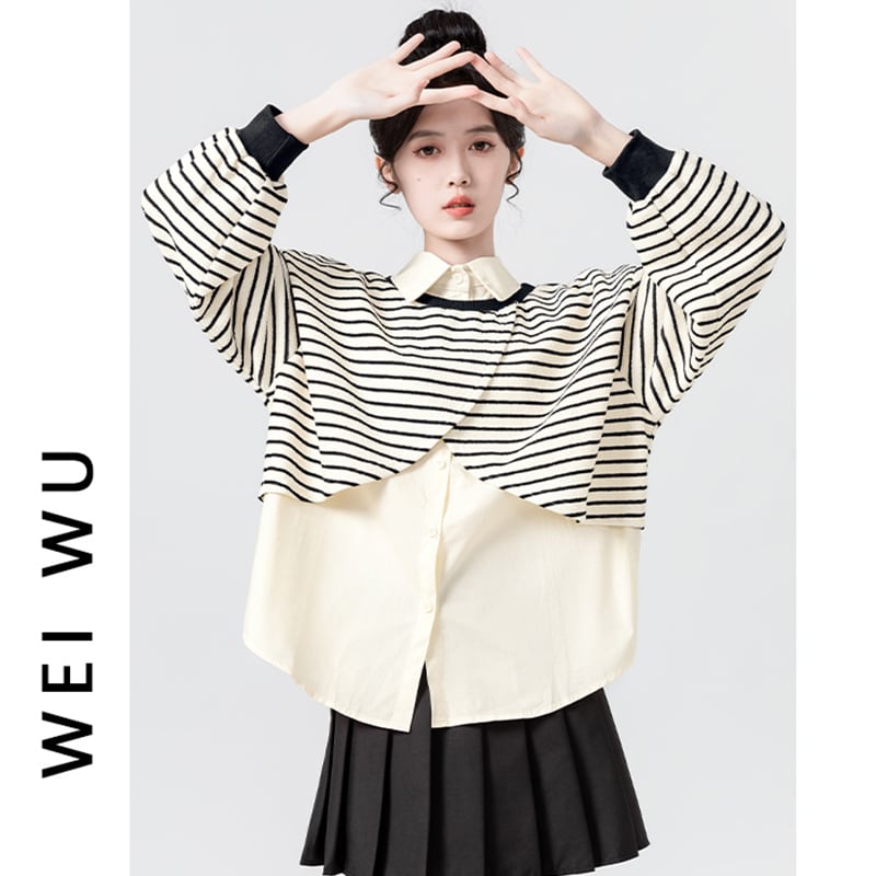 [WEIWU Series] ★Tops★ Fake layered horizontal stripes striped pattern POLO neck fashion SML