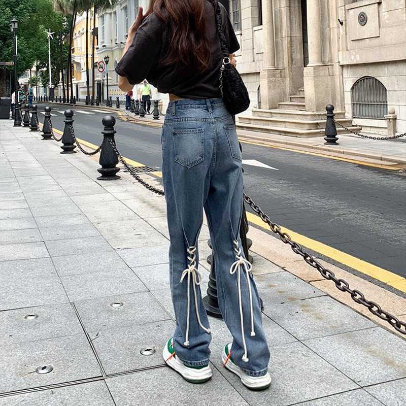 [Kumikumi Series]★Denim pants★ Bottoms Slimming long length Unique design Blue Blue SML XL