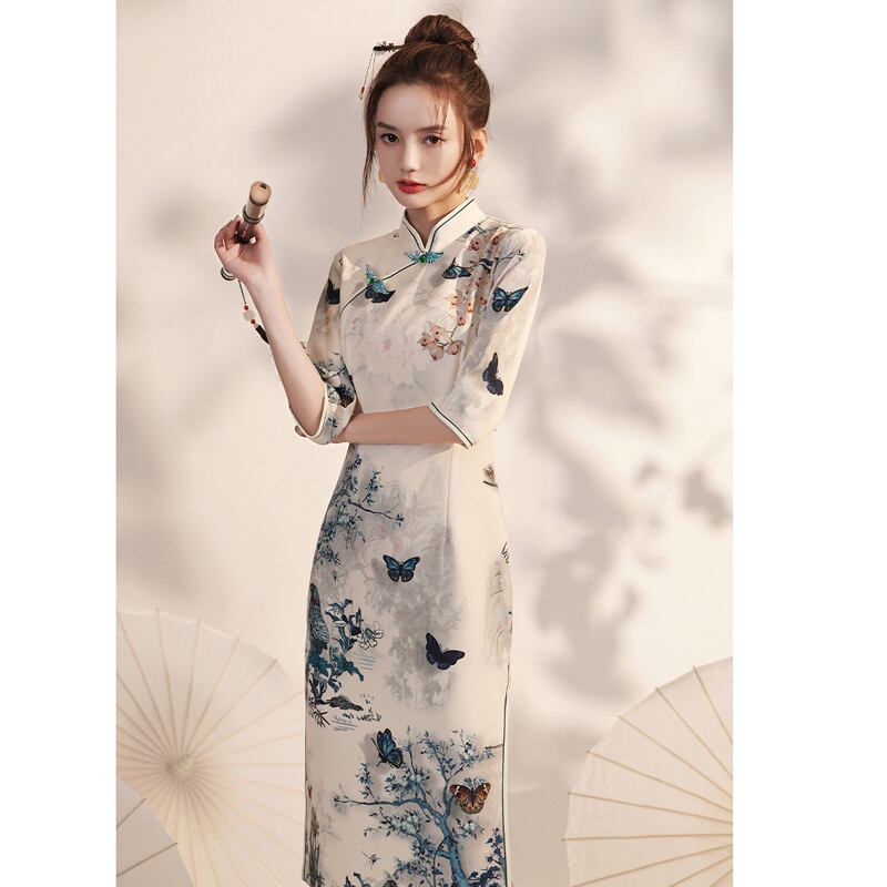 [Bacho Senko Series] ★Cheongsam dress★ Dress, long length, butterfly, elegant, large size, slim