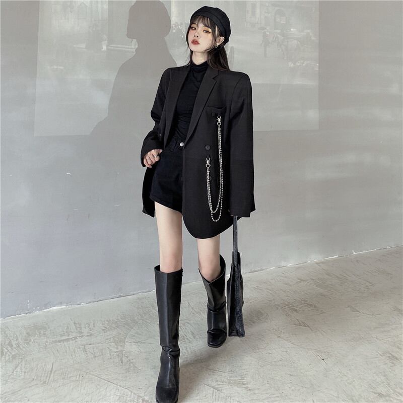 [Miyakoya Series]★Blazer with chain★ 2color black or beige outerwear unisex costume retro simple