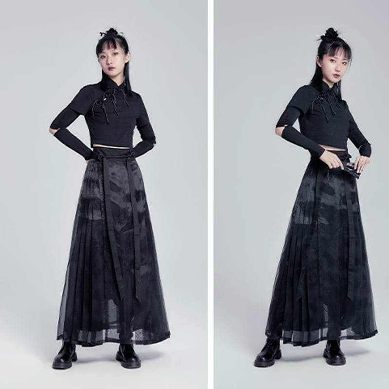 [Cloud-shaped hairpin series] ★China style skirt★ Mamian skirt Plain simple bottoms Black Black SML