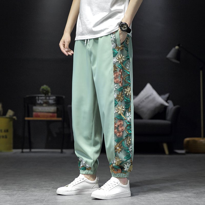 [Shu Han Ink Series]★China style pants★Casual pants 3color embroidery thin cool summer unisex black beige green