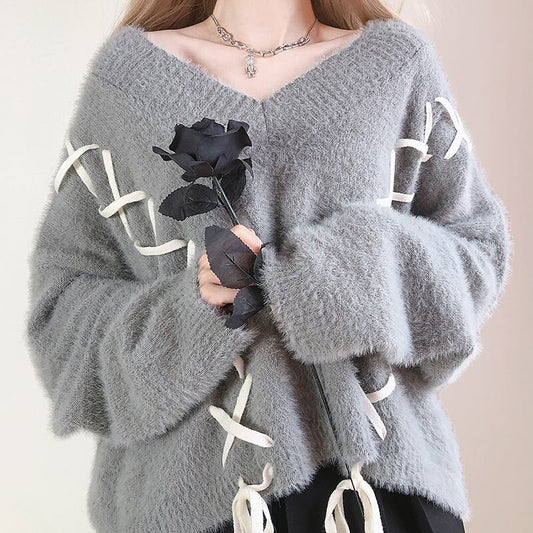 [Nekogan Series]★Sweater★ 2color Black or Gray Tops V-neck Fluffy Loose Black Date Cute