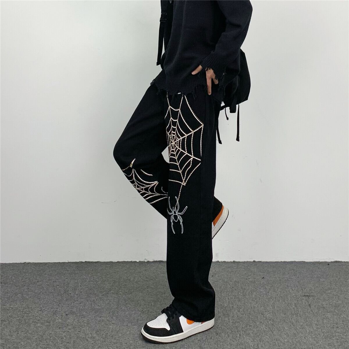 [MGJM Series]★Casual Pants★ Trousers Bottoms Denim Pants Unisex Men's Spider Black Black