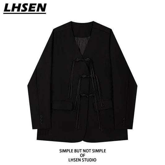 [LHSEN Series] ★China style outerwear★ Blazer China buttons Easy to match Chinese clothes Black Black