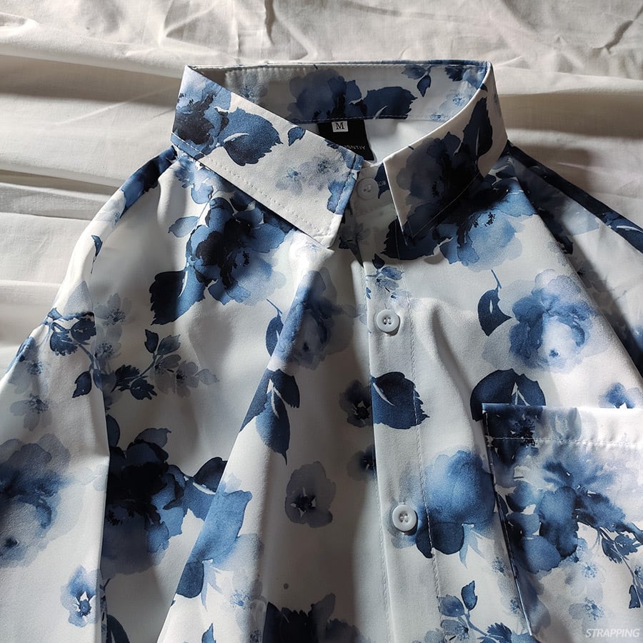 [STRAPPING Series]★Shirt★ 2color Tops Print Unisex Men's Spring Clothes Autumn Clothes Thin Floral Pattern Blue White