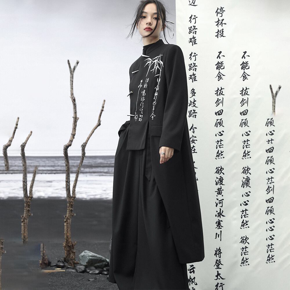 [Big Blue Dragon Series] ★China style outerwear★ Long length Kanji pattern embroidery irregular bamboo black black original