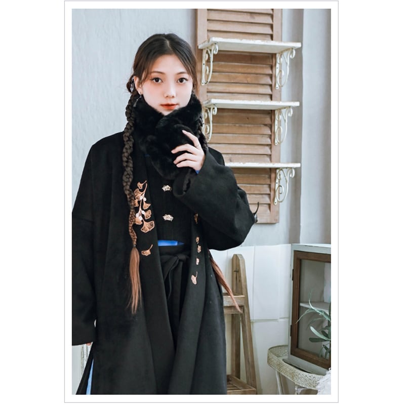 [Kokaisha --- Leaf Series] ★China style coat★ 2color embroidery outerwear long length Hanfu coat black gray