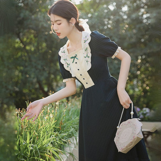 【南柯夢シリーズ】★ワンピース★ 刺繍 女子会 デート セクシー 気質アップ レトロ 緑 半袖ワンピ 夏服