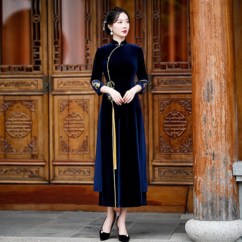 [ZHEZI series]★China dress★ 3color velvet embroidery large size long length green blue red