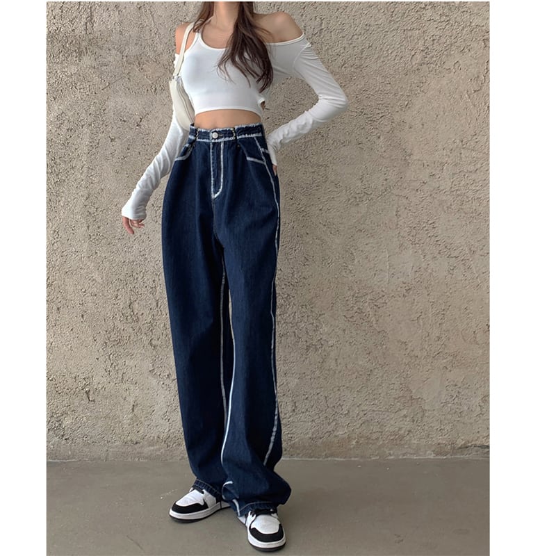 [Left Little Sister Series]★Denim Pants★ Gaucho Pants High Waist Fashion Slimming Blue Blue SML XL