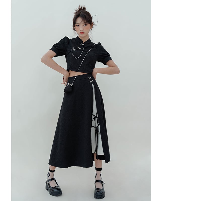 [LOVEHEYNEW Series] ★China style skirt★ Bottoms Slit Color scheme Black Black SML Slimming Easy to match