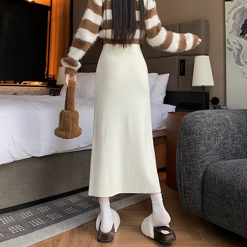 [CHAOSHAN series] ★Knit skirt★ 3color bottoms slit slimming easy to match black beige brown