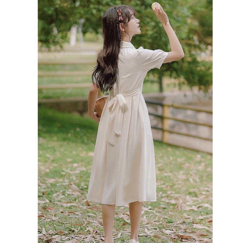 [Han Xuanwei Series] ★One Piece★ 2color Simple Cute Date Ribbon Beige Easy to Match Short Sleeve Dress