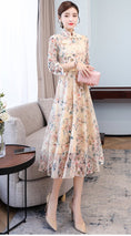 Load image into Gallery viewer, Chinese Style Dress, Long Dress, Long Sleeve, Good Temperament, Slim, Commuting, Girls' Night Out, Class Reunion, Present, Party, Large Size, ML, XL, 2XL, 3XL, Retro, Stand Neck, Floral Print, Apricot Color
