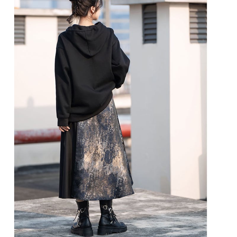 [Kyodo Series]★China style skirt★Bottoms Unisex Men's Switching Text Pattern Black Black Slit