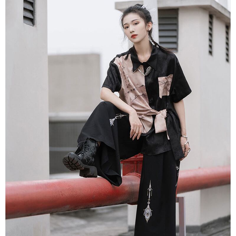 [Kyodo Series]★China style shirt★ Tops, letter pattern, unisex, men's short sleeve shirt, cool, unique, original