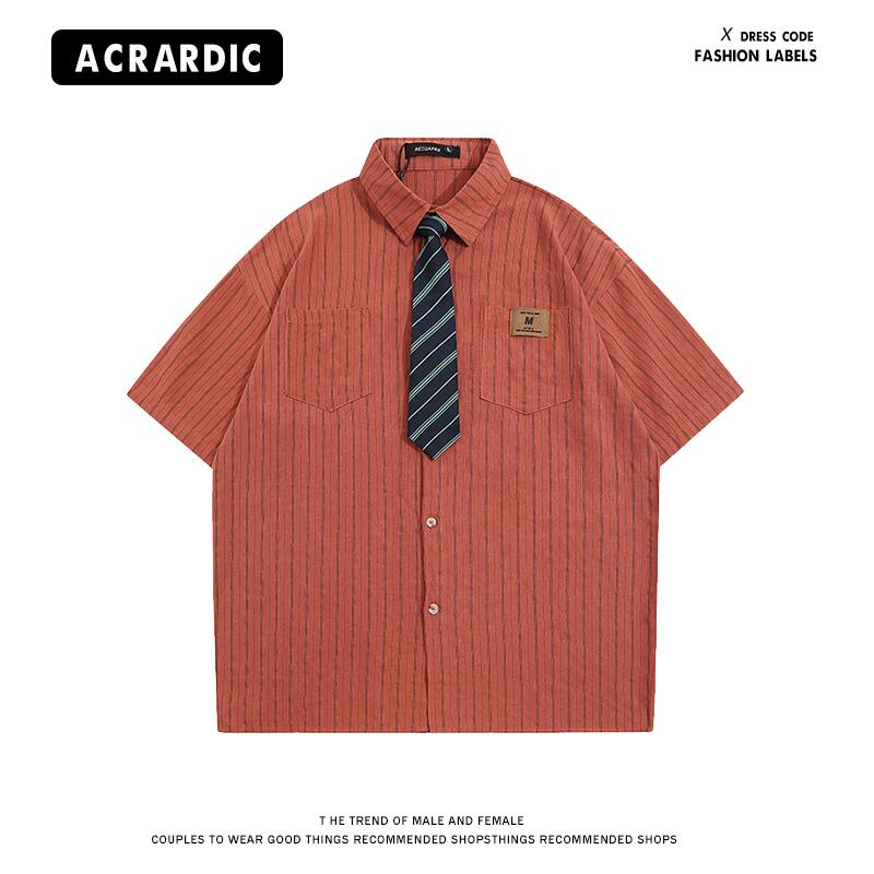 [HTTAOSUP Series]★Shirt with tie★ 3color tops, short sleeve shirt, unisex, men's, vertical stripes, easy to match