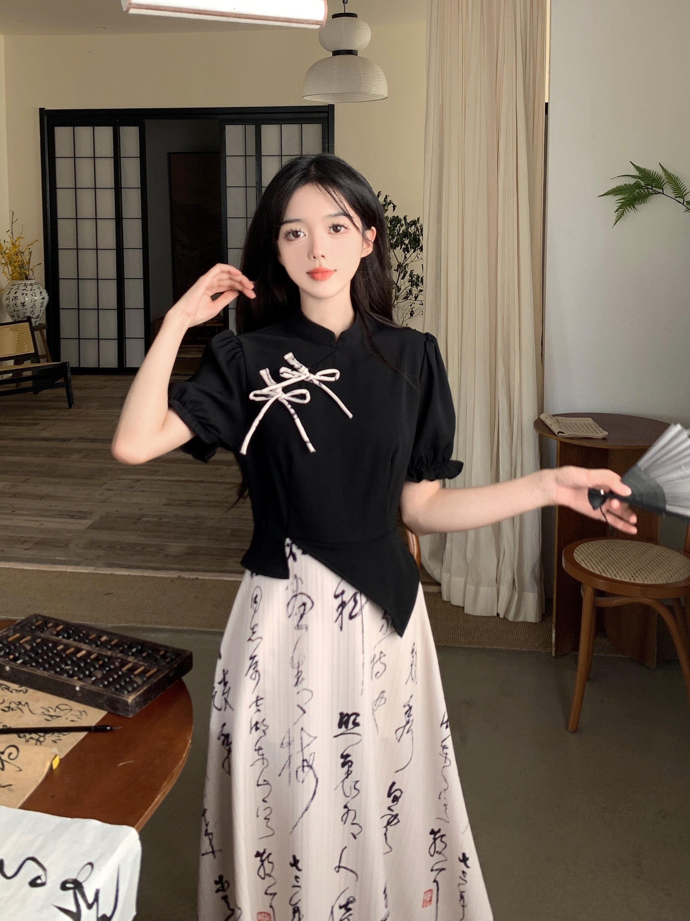 【DONGXIAOJIEシリーズ】★チャイナ風ワンピース★ 文字柄 リボン 夏服 フェイクレイヤード 大きいサイズ 着痩せ