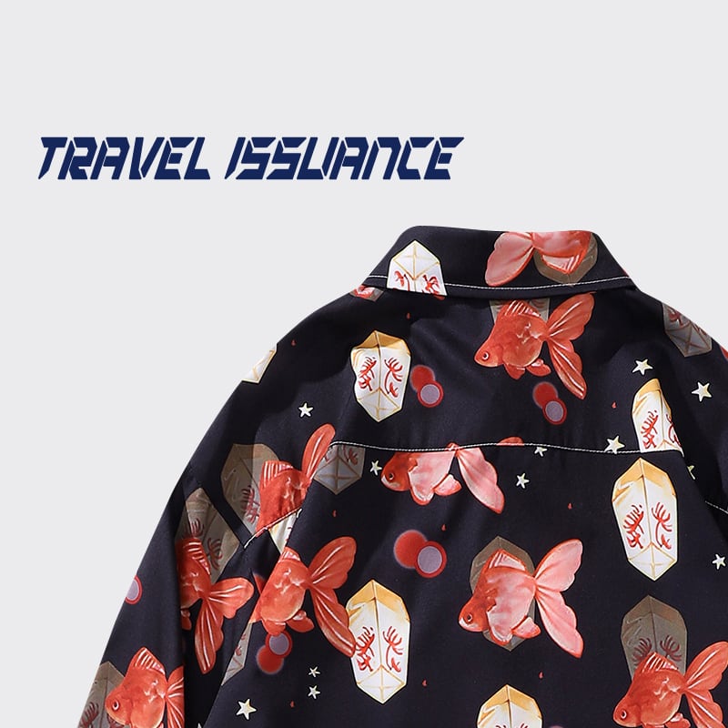 [TRAVEL ISSUANCE Series]★Shirt★ Long sleeve shirt tops unisex men's goldfish black red casual