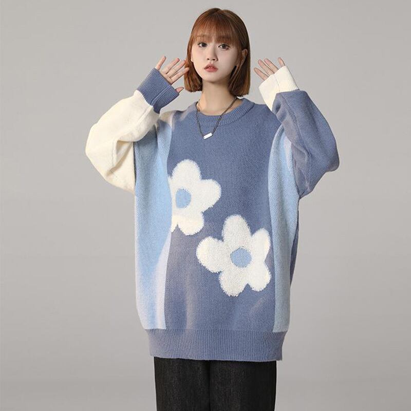 [Ushiomiomi Series] ★Sweater★ 3color knit tops Unisex Men's Floral pattern cute Green Blue Pink