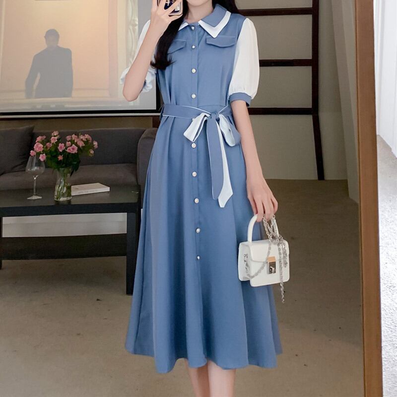 [Kodokuya Series] ★Dress★ Large size Color scheme Chiffon Ladies fashion Blue Blue Improves temperament