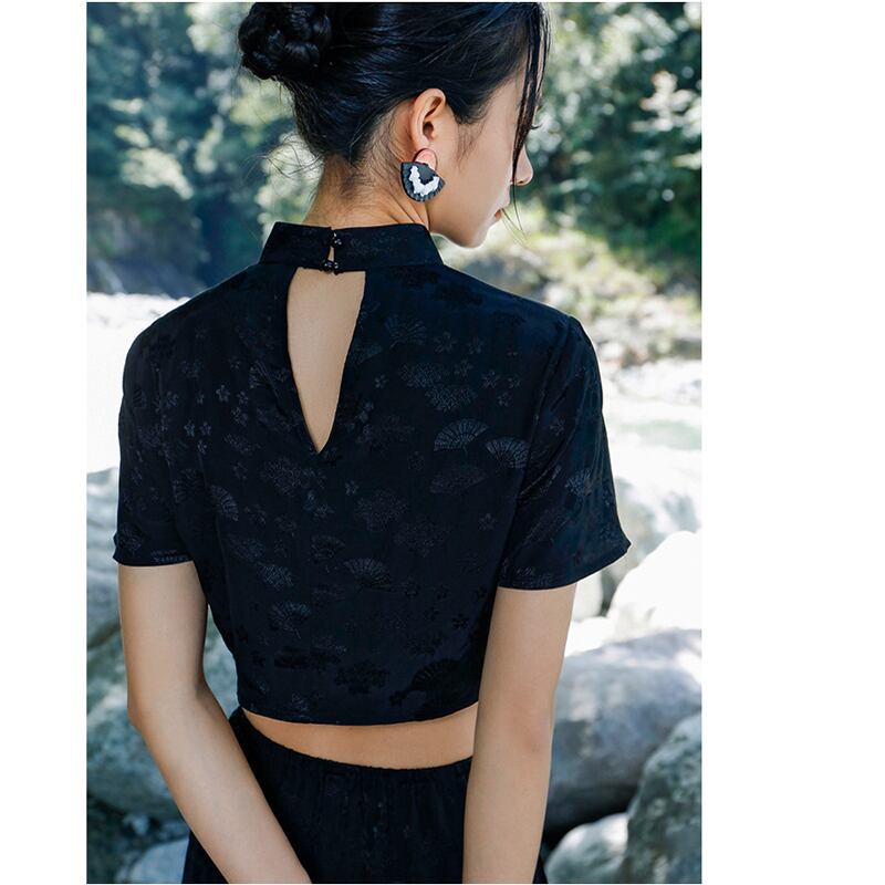 [Daiseiryusu Series] ★Chinese style T-shirt★ Tops Chinese clothing original mini length sexy black black