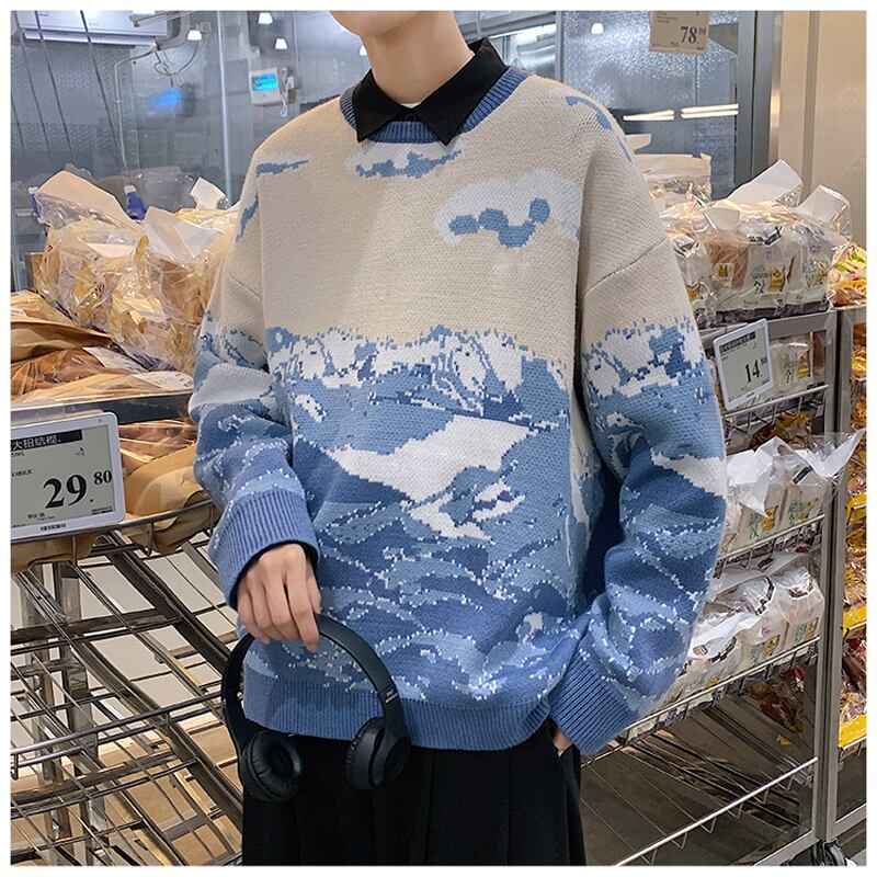 [Creation Series]★Sweater★ 2color Tops Unisex Men's Snow Mountain Blue Blue ML XL 2XL Round Neck