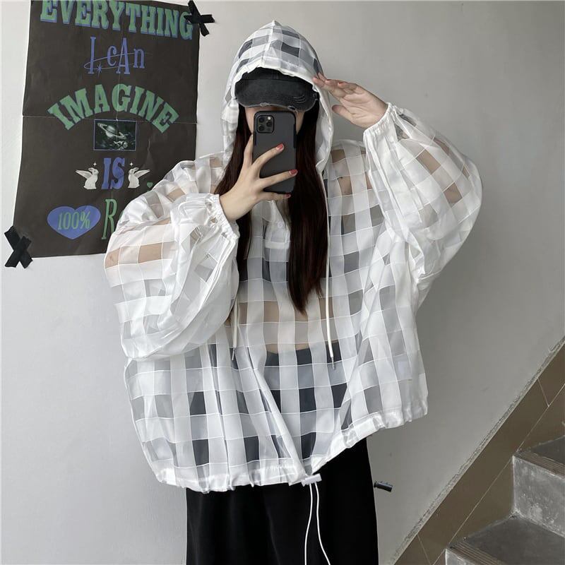 [Miyakoya Series] ★Tops★ 2 colors, plaid pattern, transparent, with hat, spring/summer, loose, black, white