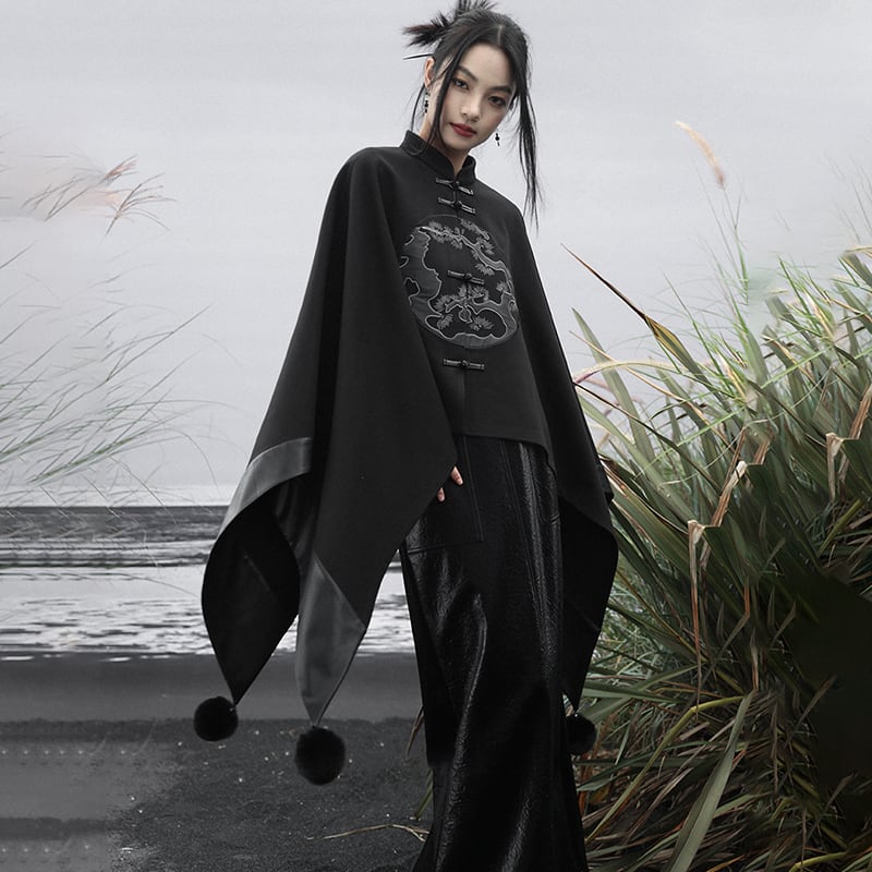 [Da Qinglong Shu Series] ★China style outerwear★ Cloak coat Rasha embroidery Chinese clothing Black Black Irregular