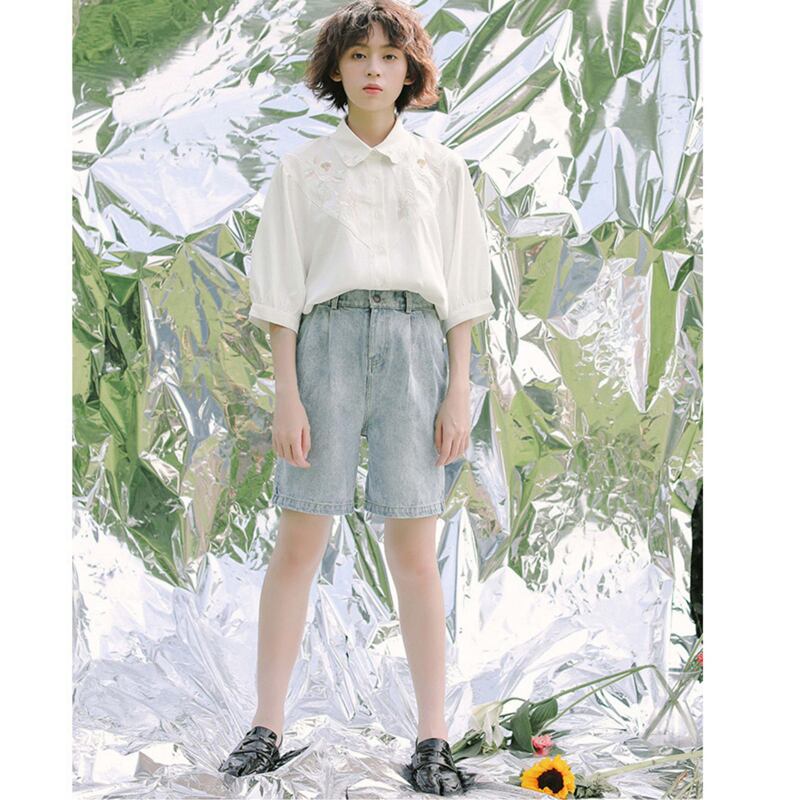 [Yang's Great Dream Series]★China Style Shirt★ Tops Embroidery Bubble Sleeves Short Sleeves White White Improves Temperament